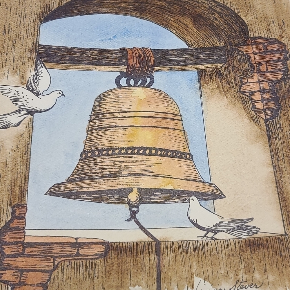 Mission Bell art with doves by Virginia Stever 1980 - Picture 5 of 8
